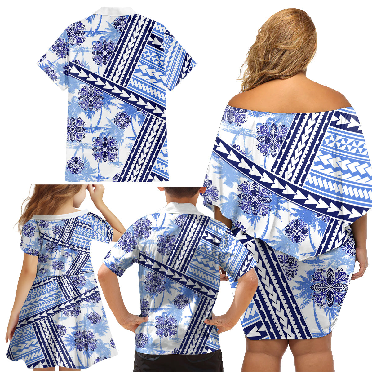 Hawaii Quilt Family Matching Off Shoulder Short Dress and Hawaiian Shirt Kakau Polynesian Pattern Blue Version LT01 - Polynesian Pride