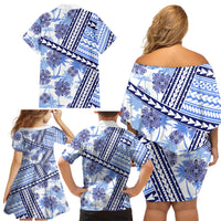 Hawaii Quilt Family Matching Off Shoulder Short Dress and Hawaiian Shirt Kakau Polynesian Pattern Blue Version LT01 - Polynesian Pride