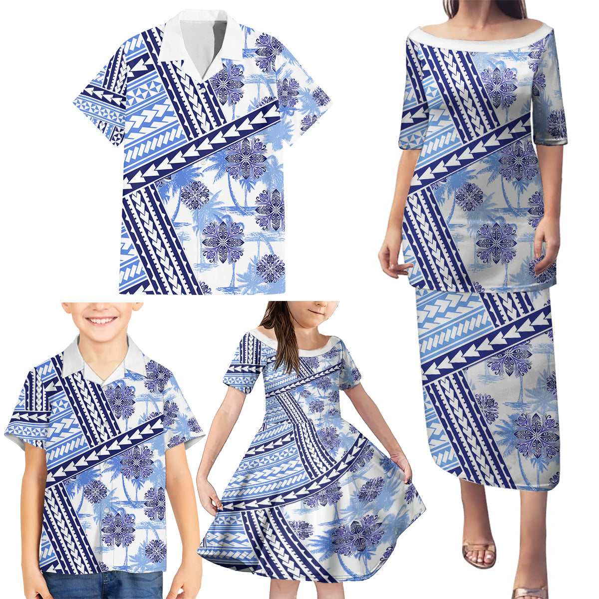 Hawaii Quilt Family Matching Puletasi Dress and Hawaiian Shirt Kakau Polynesian Pattern Blue Version LT01 - Polynesian Pride