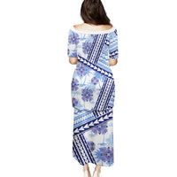 Hawaii Quilt Family Matching Puletasi Dress and Hawaiian Shirt Kakau Polynesian Pattern Blue Version LT01 - Polynesian Pride