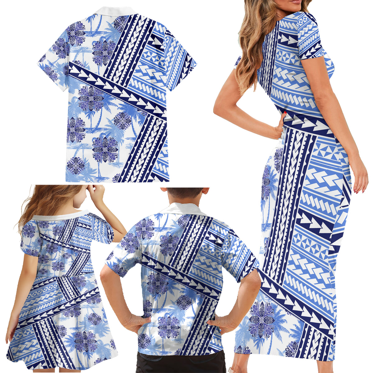 Hawaii Quilt Family Matching Short Sleeve Bodycon Dress and Hawaiian Shirt Kakau Polynesian Pattern Blue Version LT01 - Polynesian Pride