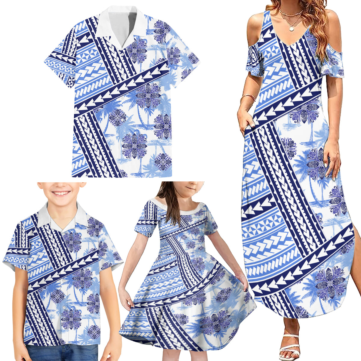 Hawaii Quilt Family Matching Summer Maxi Dress and Hawaiian Shirt Kakau Polynesian Pattern Blue Version LT01 - Polynesian Pride