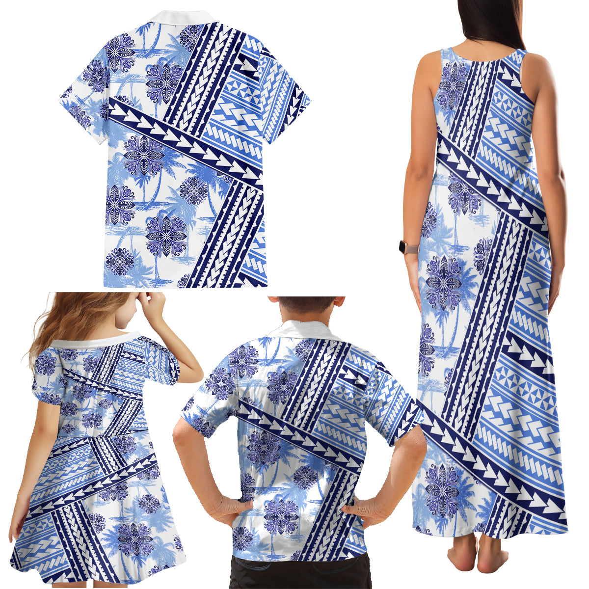 Hawaii Quilt Family Matching Tank Maxi Dress and Hawaiian Shirt Kakau Polynesian Pattern Blue Version LT01 - Polynesian Pride