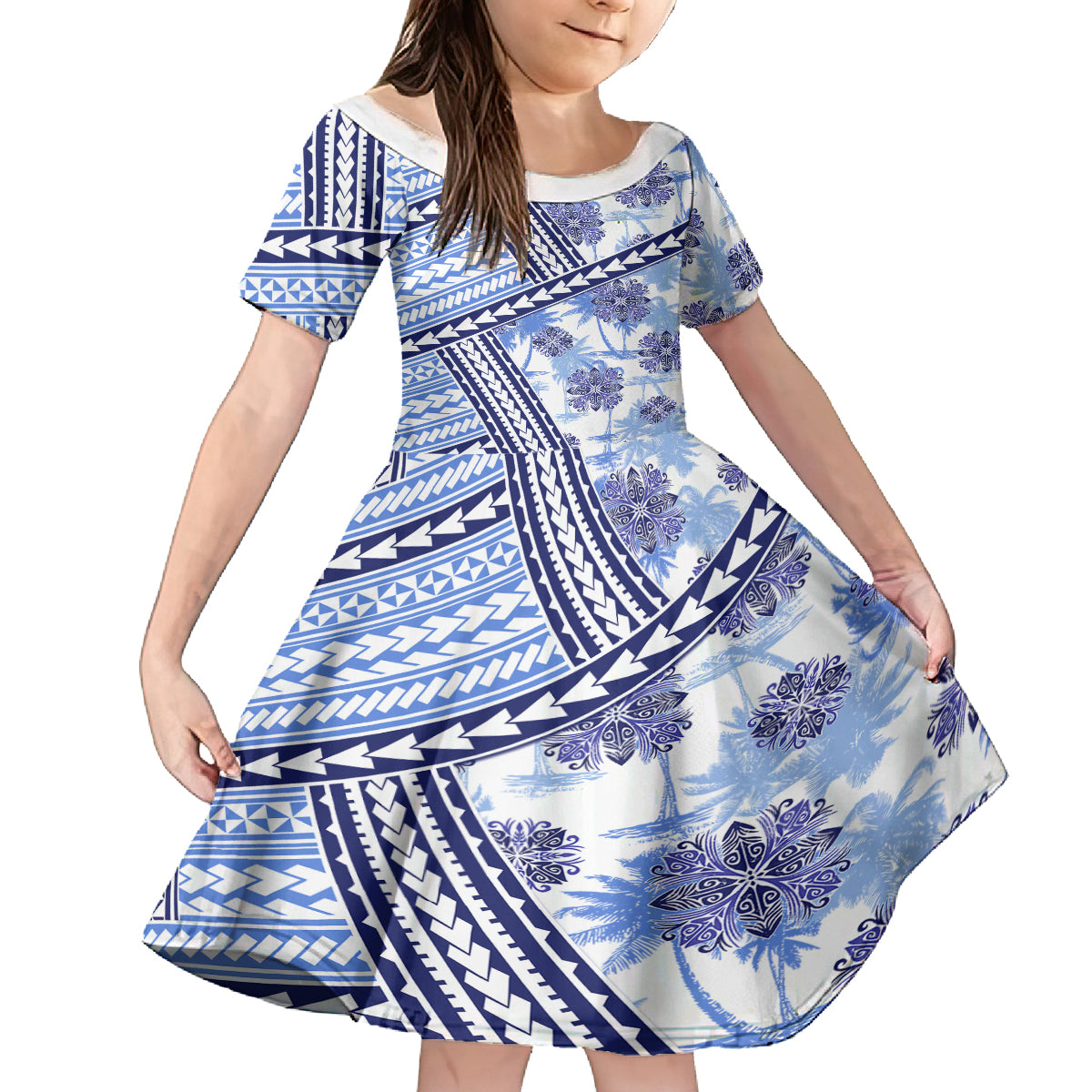 Hawaii Quilt Kid Short Sleeve Dress Kakau Polynesian Pattern Blue Version LT01 KID Blue - Polynesian Pride