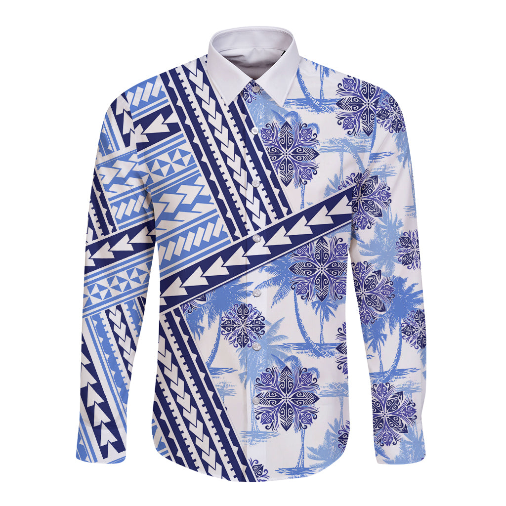 Hawaii Quilt Long Sleeve Button Shirt Kakau Polynesian Pattern Blue Version LT01 Unisex Blue - Polynesian Pride