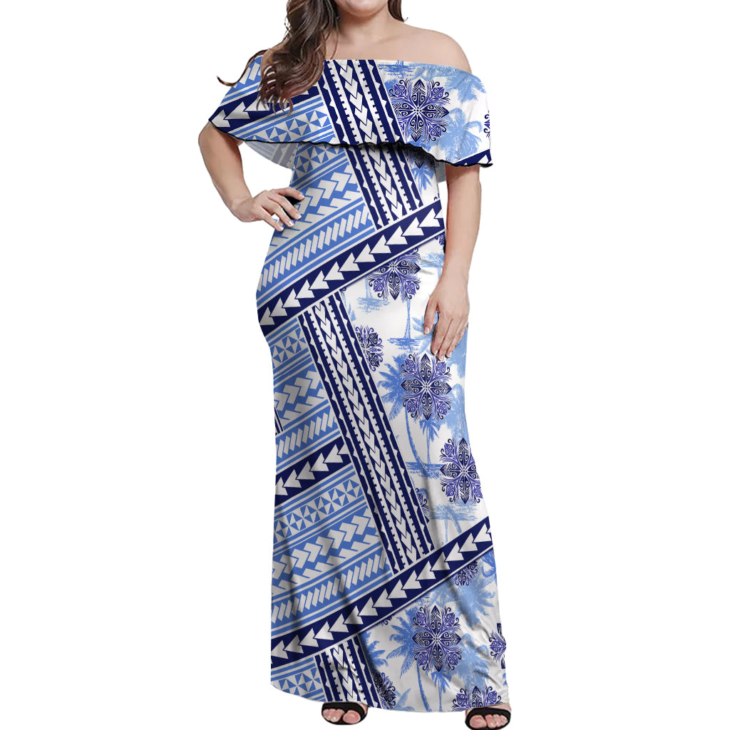 Hawaii Quilt Off Shoulder Maxi Dress Kakau Polynesian Pattern Blue Version LT01 Women Blue - Polynesian Pride