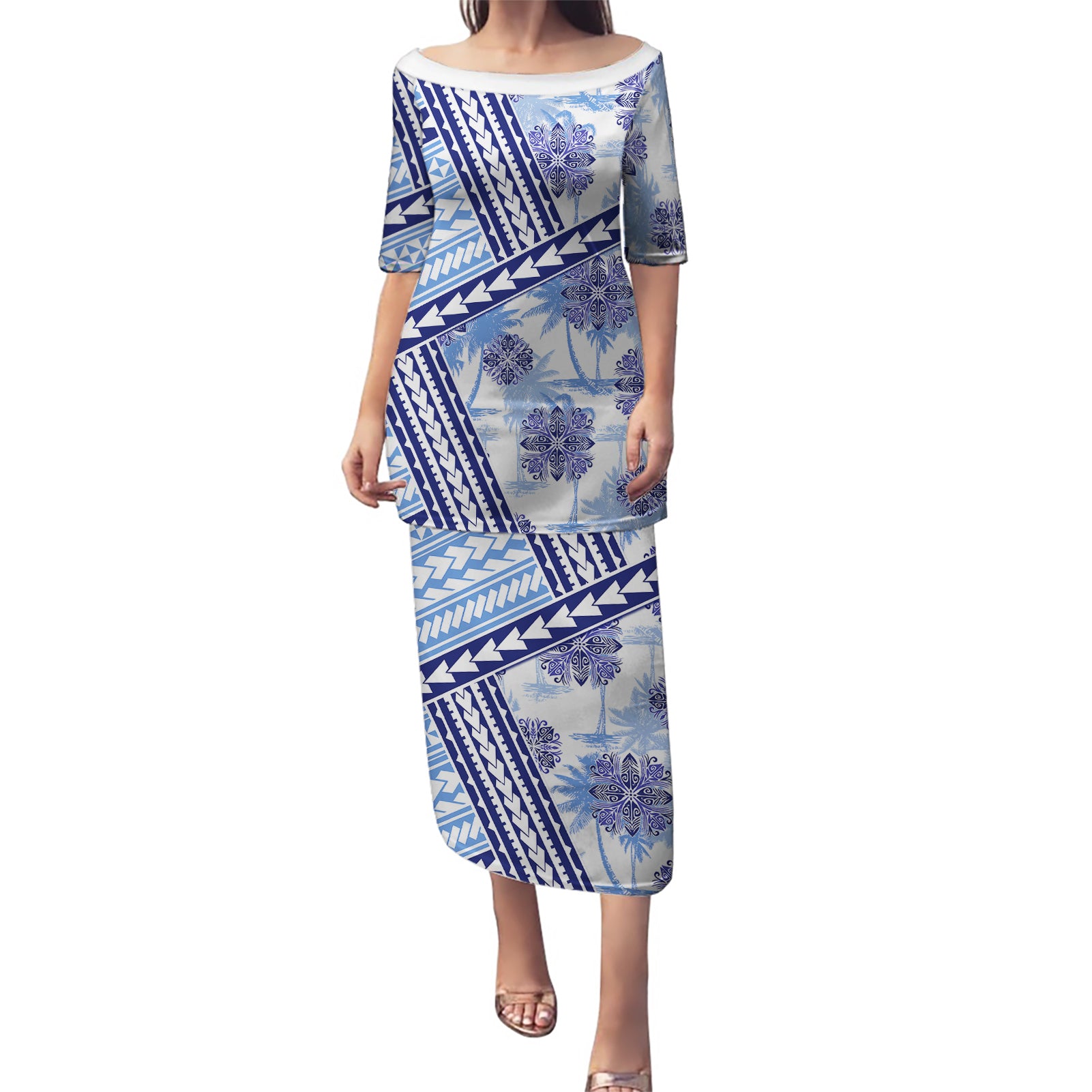 Hawaii Quilt Puletasi Kakau Polynesian Pattern Blue Version LT01 Long Dress Blue - Polynesian Pride