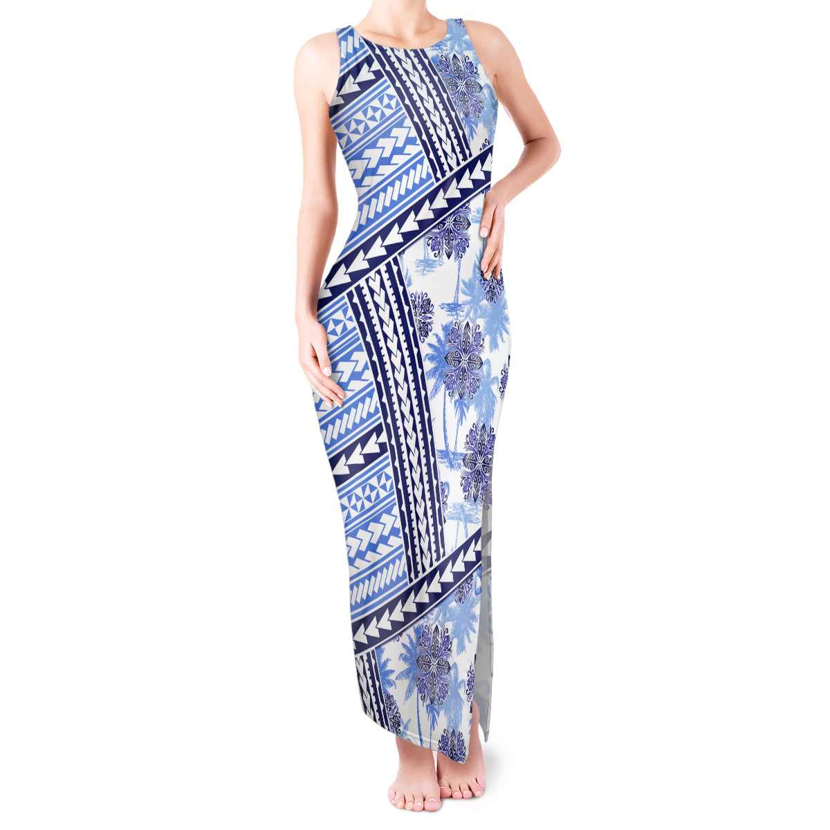 Hawaii Quilt Tank Maxi Dress Kakau Polynesian Pattern Blue Version LT01 Women Blue - Polynesian Pride