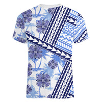 Hawaii Quilt Women V Neck T Shirt Kakau Polynesian Pattern Blue Version LT01 - Polynesian Pride