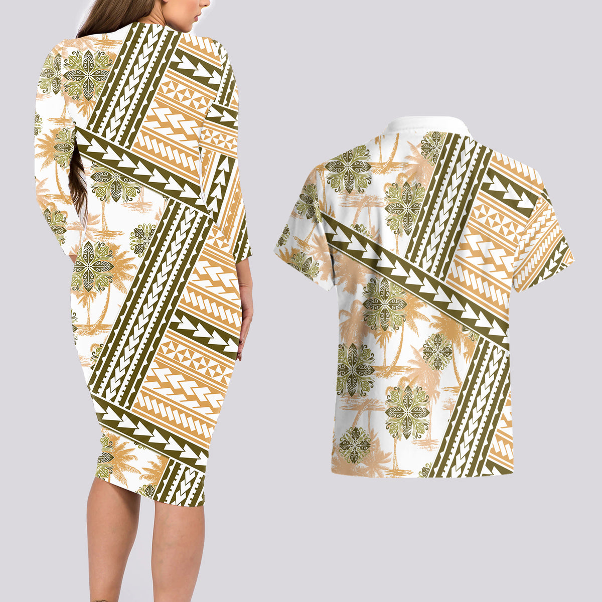 Hawaii Quilt Couples Matching Long Sleeve Bodycon Dress and Hawaiian Shirt Kakau Polynesian Pattern Gold Version LT01 - Polynesian Pride