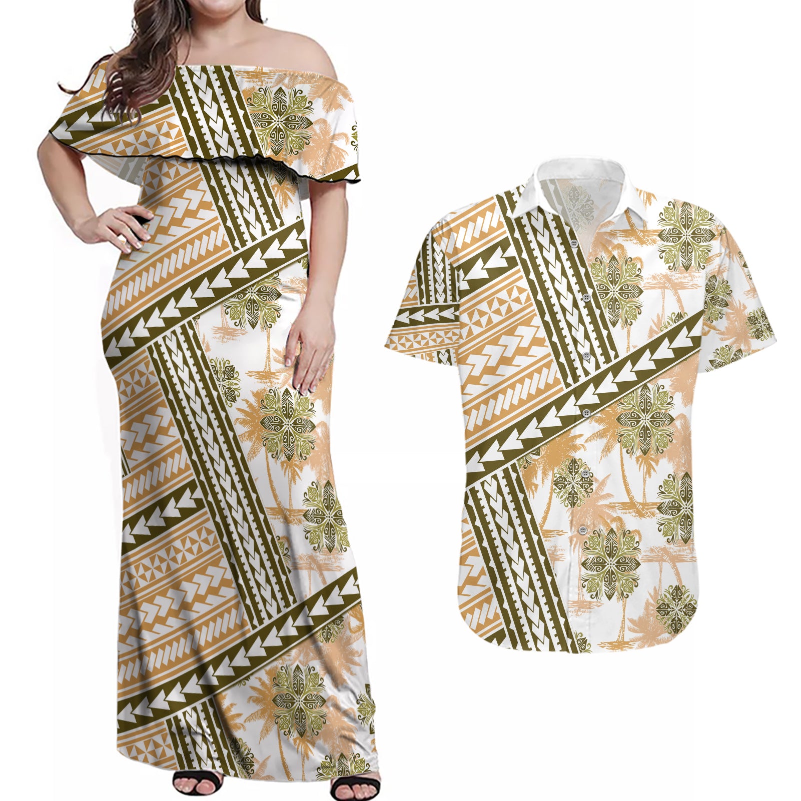 Hawaii Quilt Couples Matching Off Shoulder Maxi Dress and Hawaiian Shirt Kakau Polynesian Pattern Gold Version LT01 Gold - Polynesian Pride