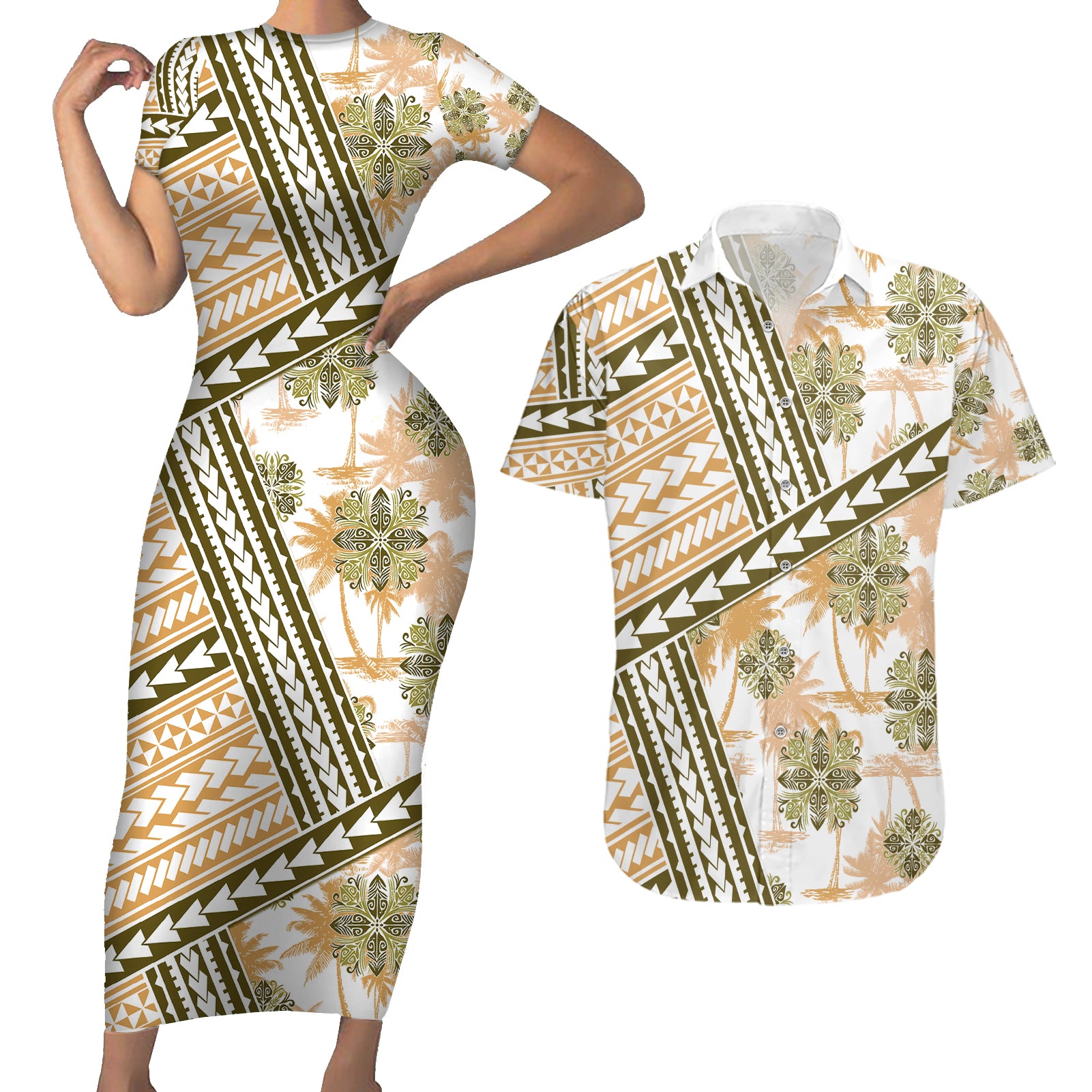 Hawaii Quilt Couples Matching Short Sleeve Bodycon Dress and Hawaiian Shirt Kakau Polynesian Pattern Gold Version LT01 Gold - Polynesian Pride