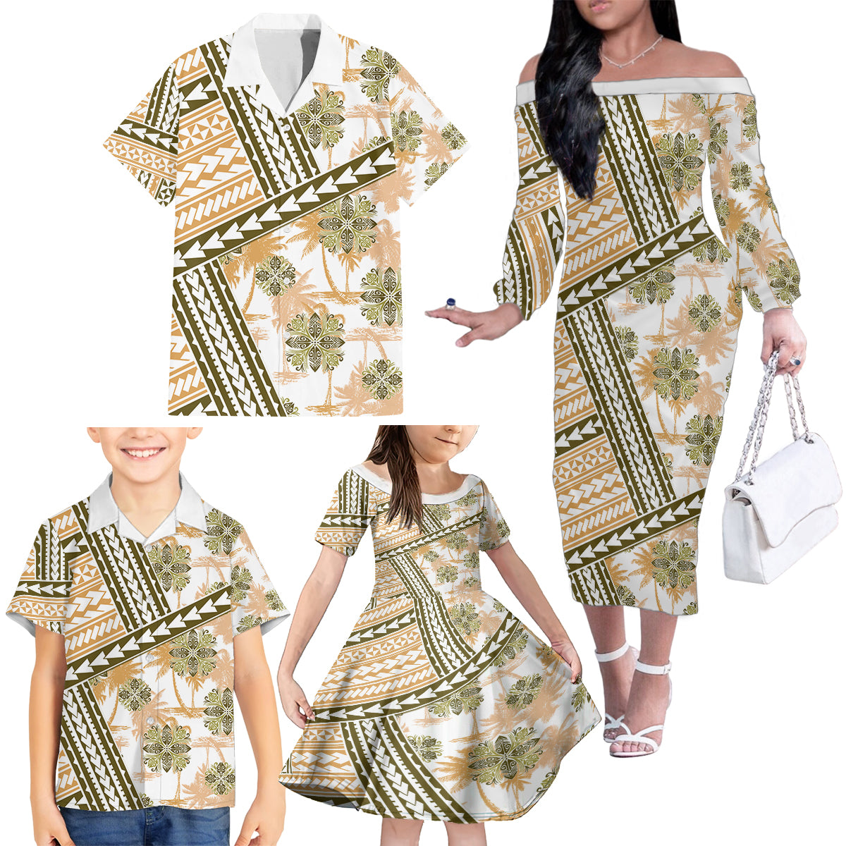 Hawaii Quilt Family Matching Off Shoulder Long Sleeve Dress and Hawaiian Shirt Kakau Polynesian Pattern Gold Version LT01 - Polynesian Pride