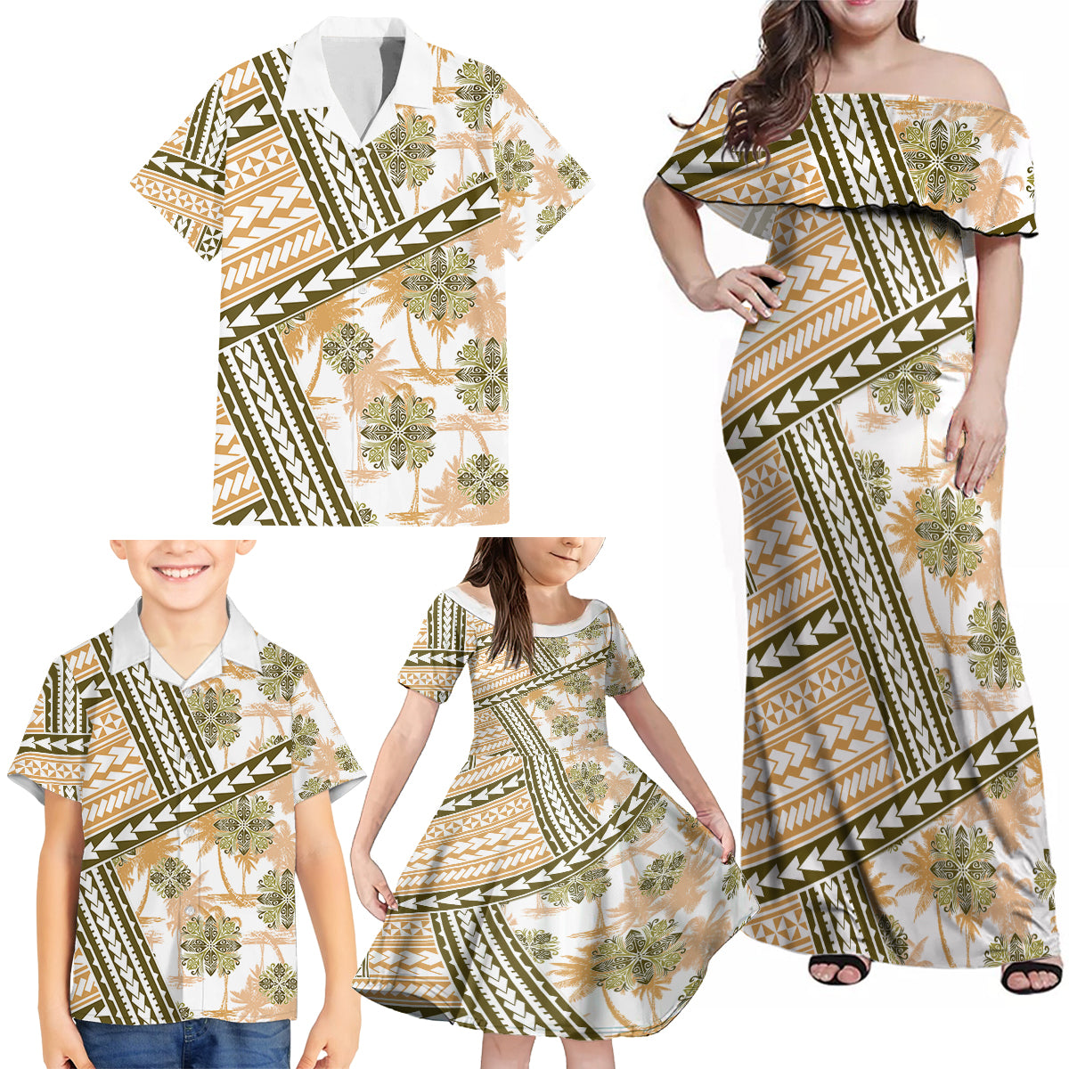 Hawaii Quilt Family Matching Off Shoulder Maxi Dress and Hawaiian Shirt Kakau Polynesian Pattern Gold Version LT01 - Polynesian Pride