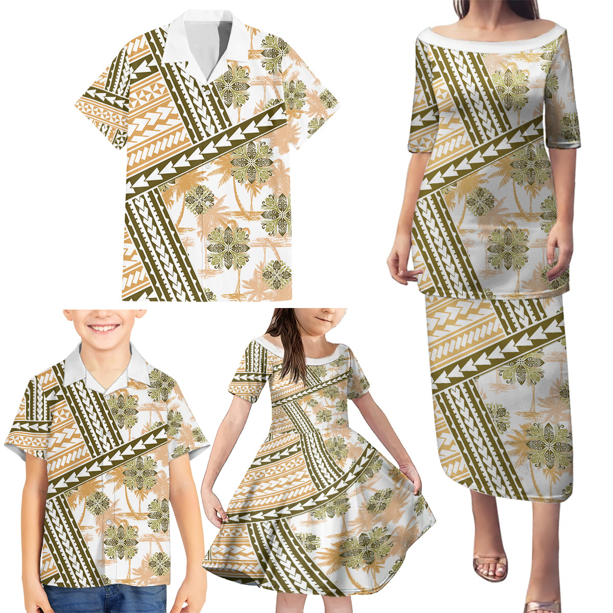 Hawaii Quilt Family Matching Puletasi Dress and Hawaiian Shirt Kakau Polynesian Pattern Gold Version LT01 - Polynesian Pride