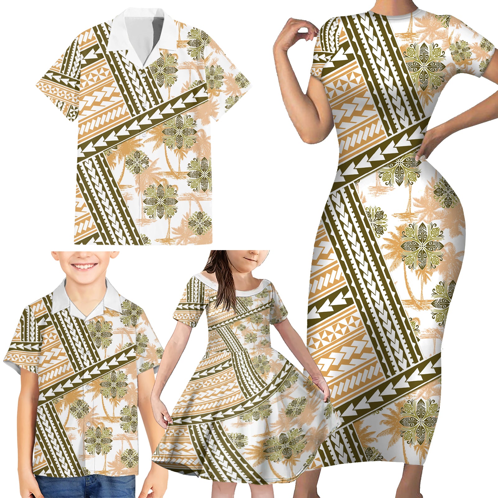 Hawaii Quilt Family Matching Short Sleeve Bodycon Dress and Hawaiian Shirt Kakau Polynesian Pattern Gold Version LT01 - Polynesian Pride