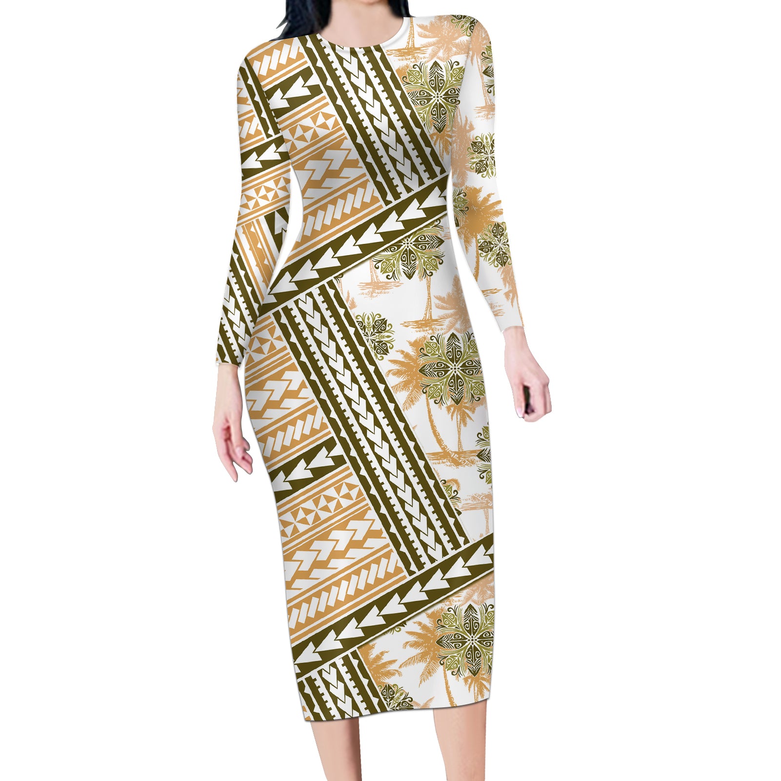 Hawaii Quilt Long Sleeve Bodycon Dress Kakau Polynesian Pattern Gold Version LT01 Long Dress Gold - Polynesian Pride