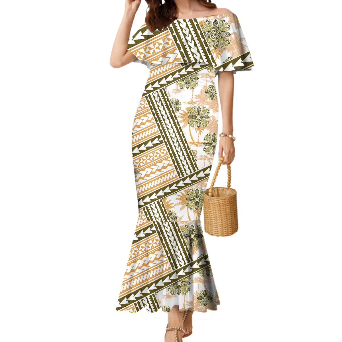 Hawaii Quilt Mermaid Dress Kakau Polynesian Pattern Gold Version LT01 Women Gold - Polynesian Pride