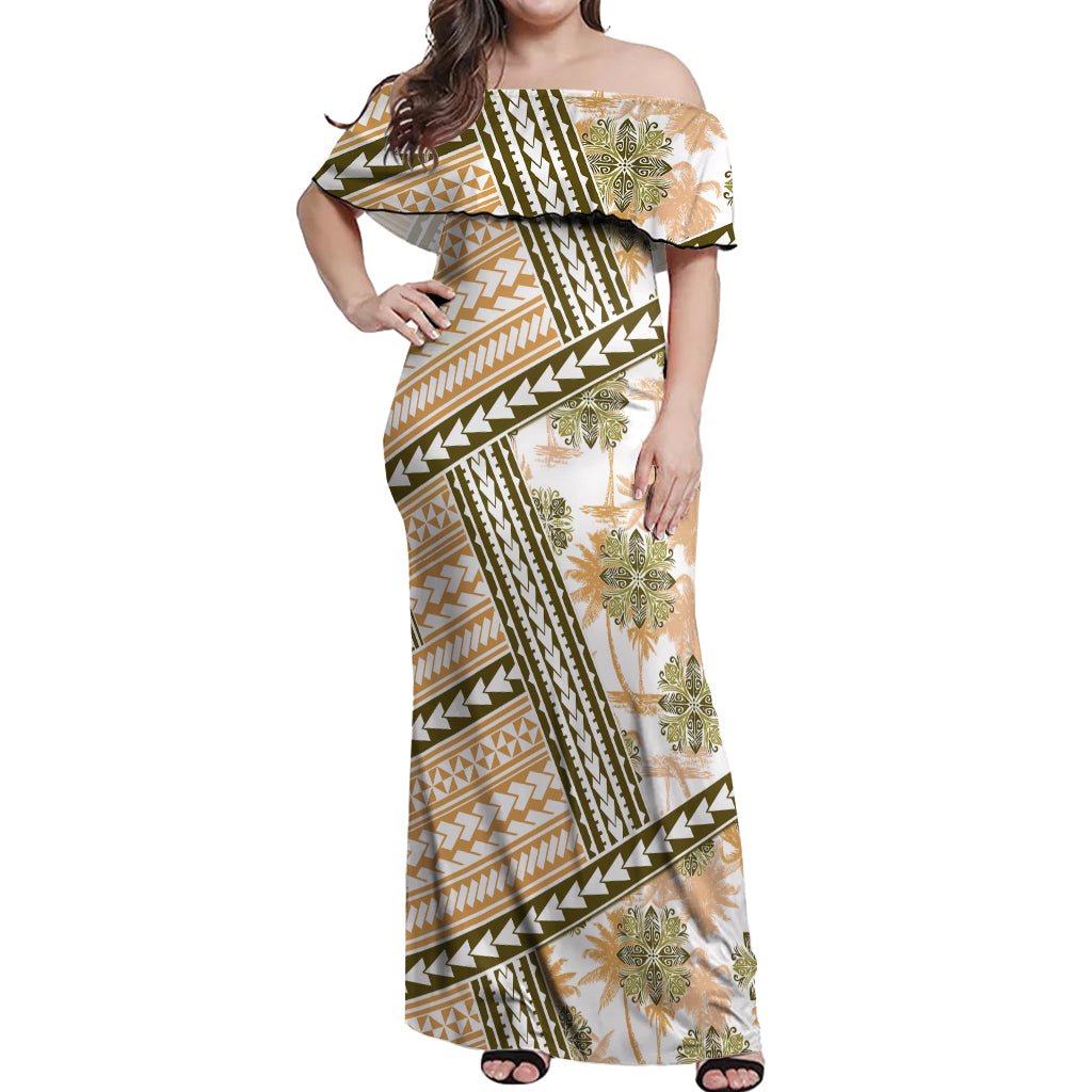 Hawaii Quilt Off Shoulder Maxi Dress Kakau Polynesian Pattern Gold Version LT01 Women Gold - Polynesian Pride