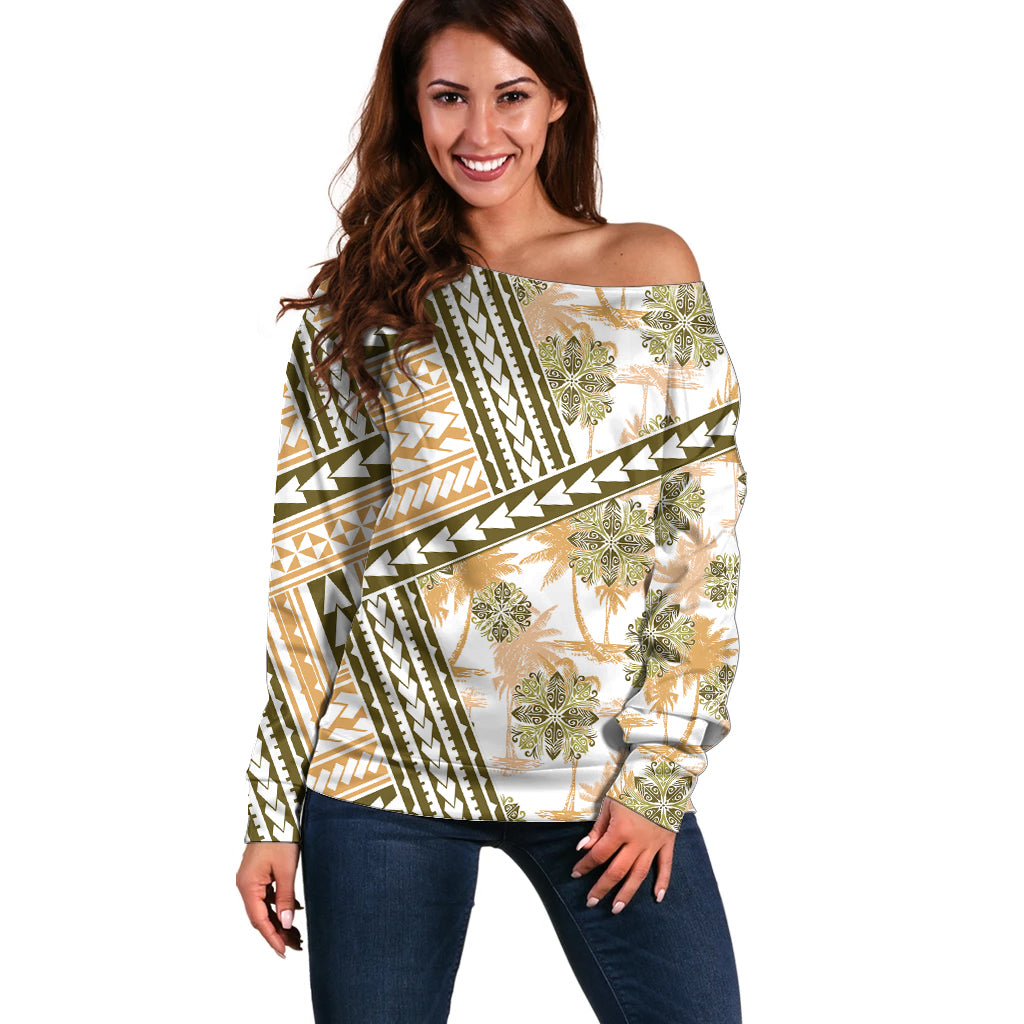 Hawaii Quilt Off Shoulder Sweater Kakau Polynesian Pattern Gold Version LT01 Women Gold - Polynesian Pride