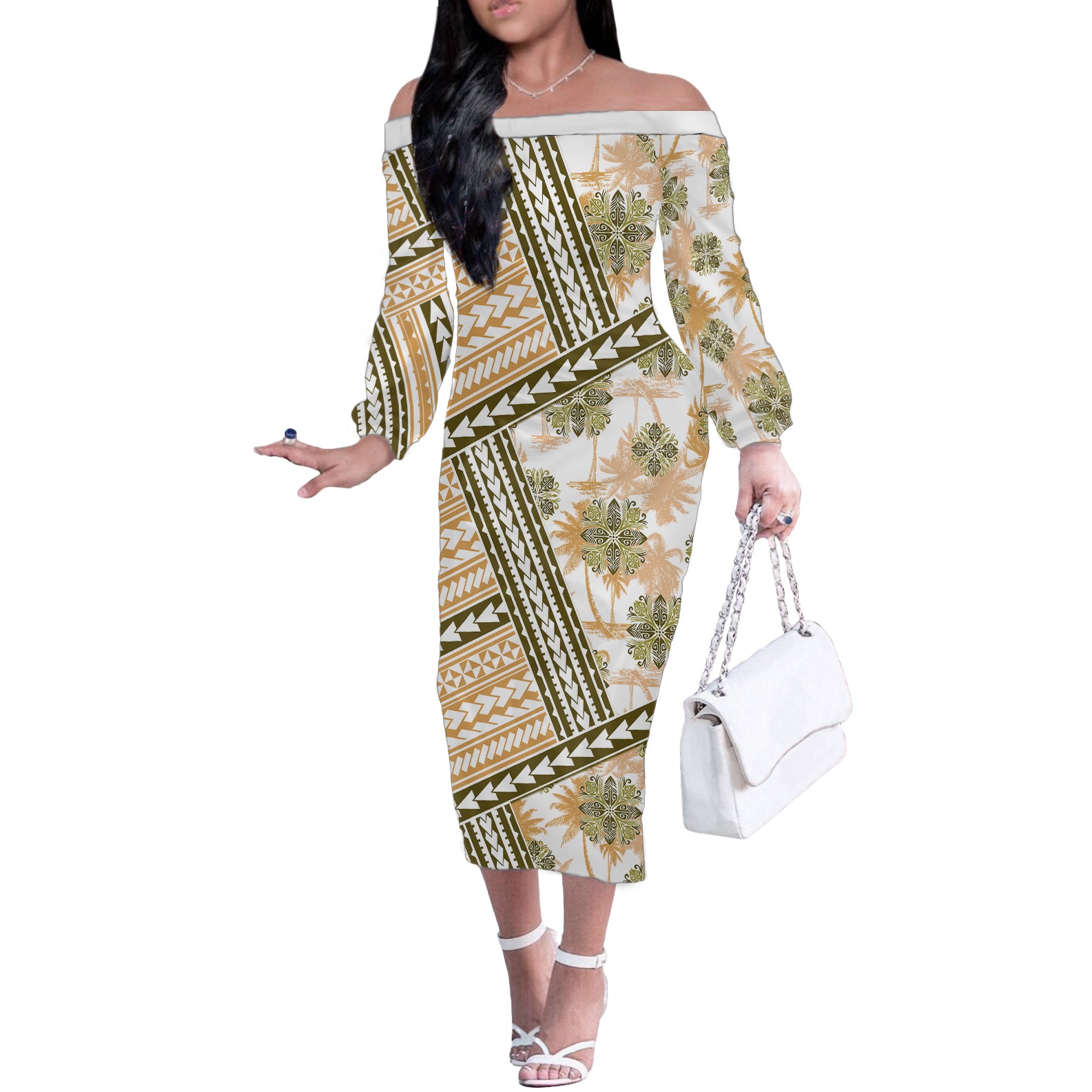 Hawaii Quilt Off The Shoulder Long Sleeve Dress Kakau Polynesian Pattern Gold Version LT01 Women Gold - Polynesian Pride