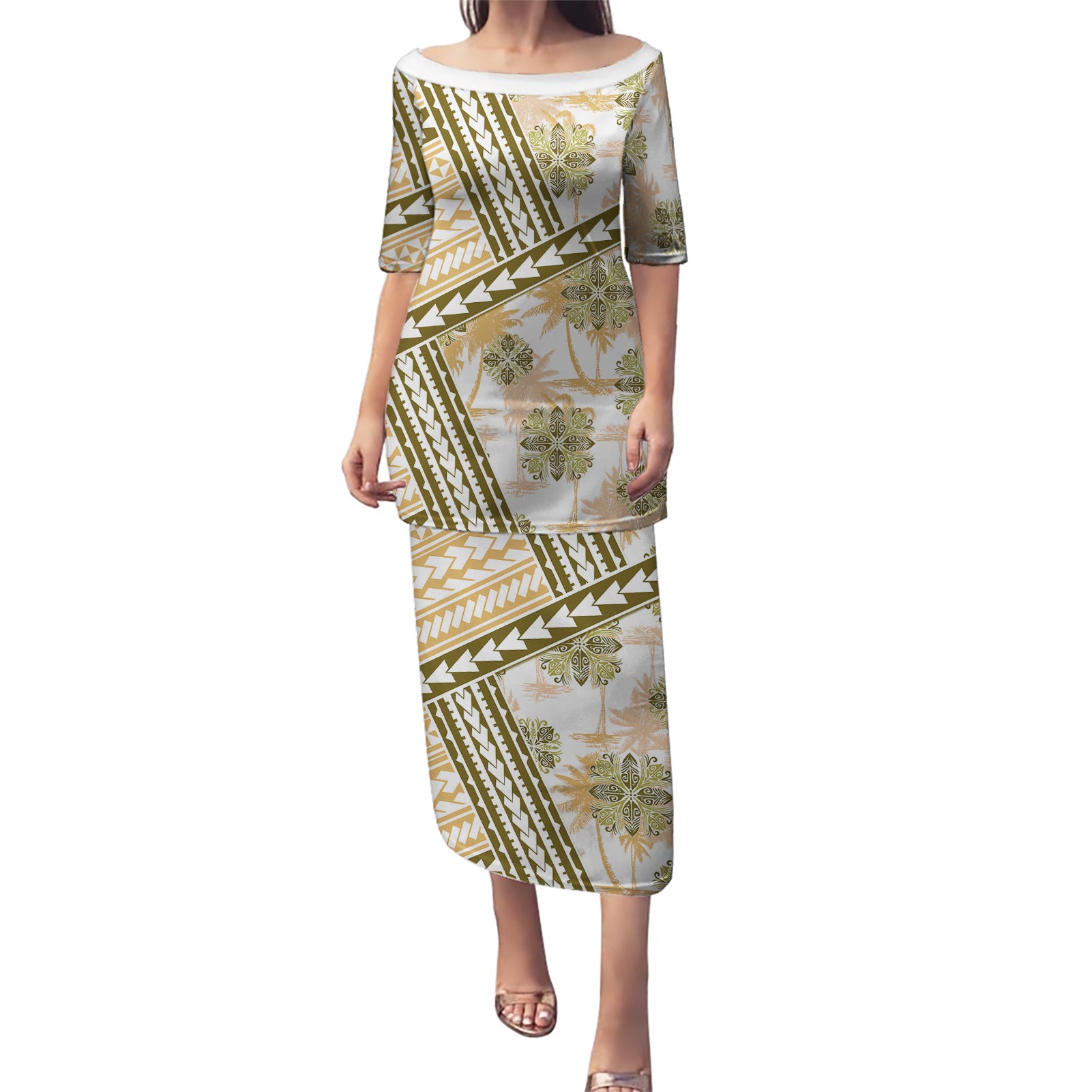 Hawaii Quilt Puletasi Kakau Polynesian Pattern Gold Version LT01 Long Dress Gold - Polynesian Pride