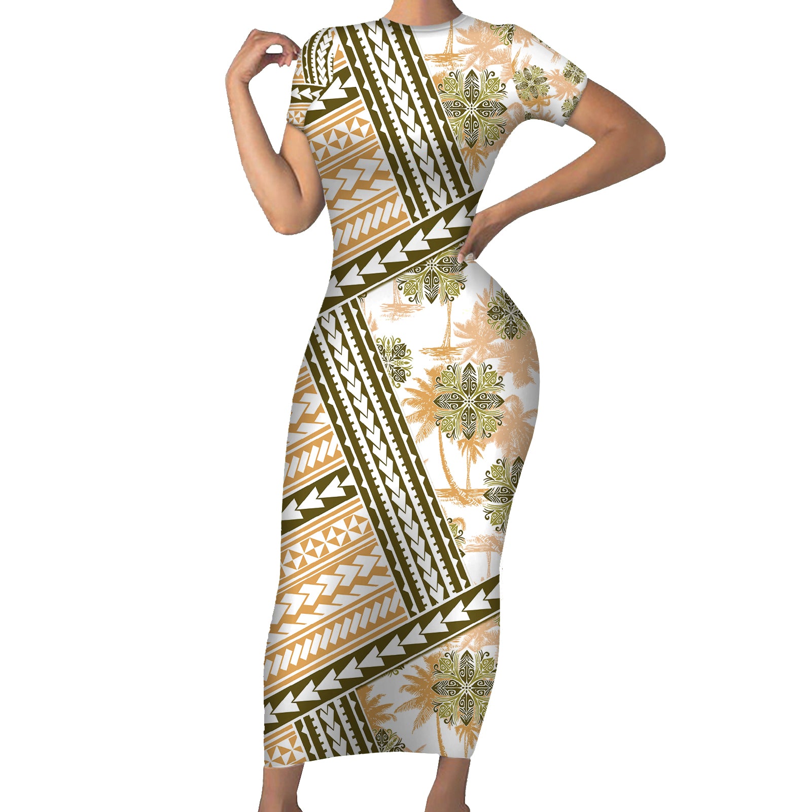 Hawaii Quilt Short Sleeve Bodycon Dress Kakau Polynesian Pattern Gold Version LT01 Long Dress Gold - Polynesian Pride