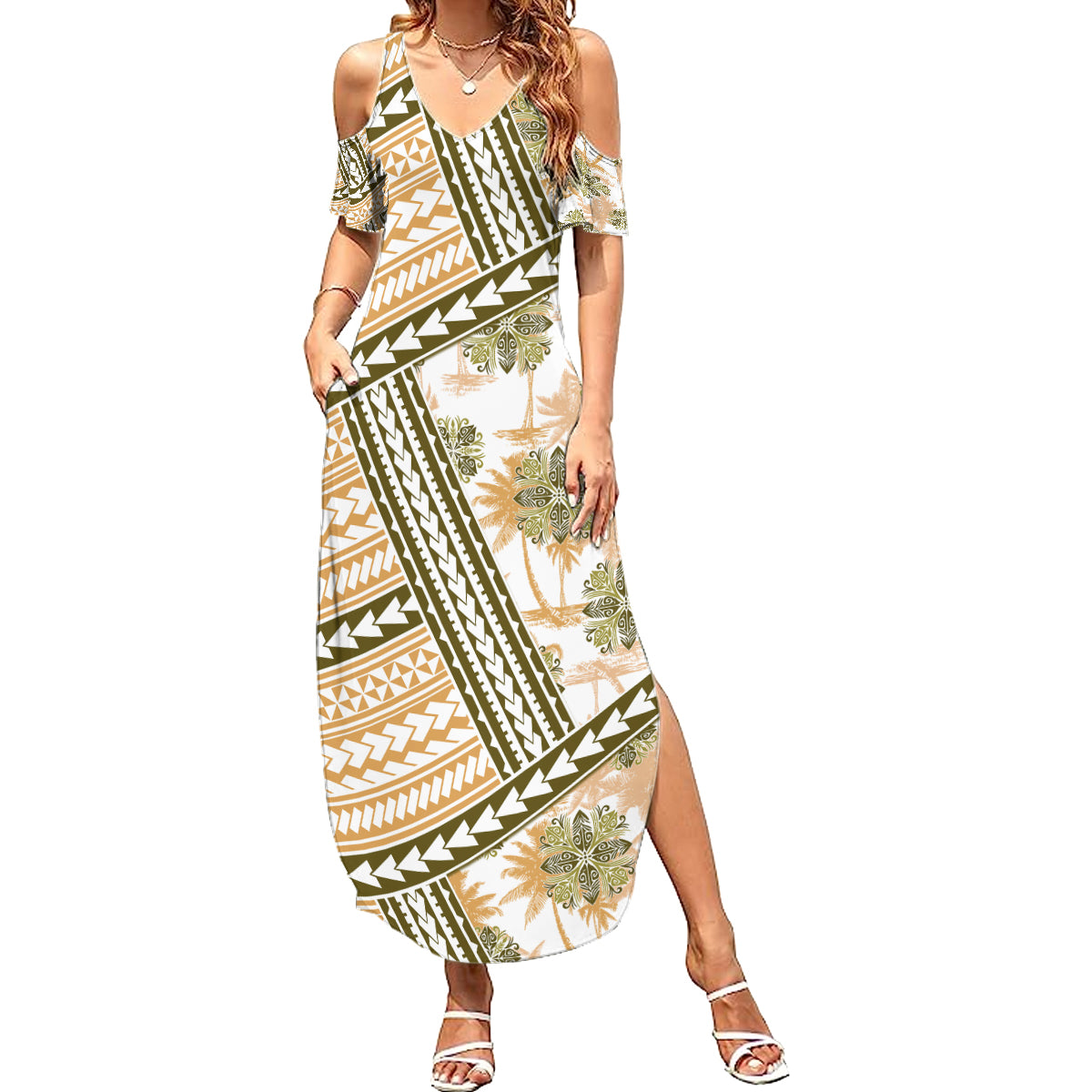 Hawaii Quilt Summer Maxi Dress Kakau Polynesian Pattern Gold Version LT01 Women Gold - Polynesian Pride