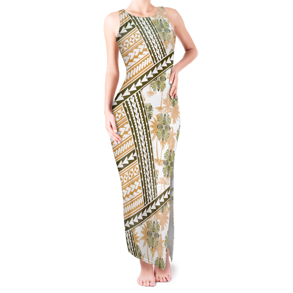 Hawaii Quilt Tank Maxi Dress Kakau Polynesian Pattern Gold Version LT01 Women Gold - Polynesian Pride