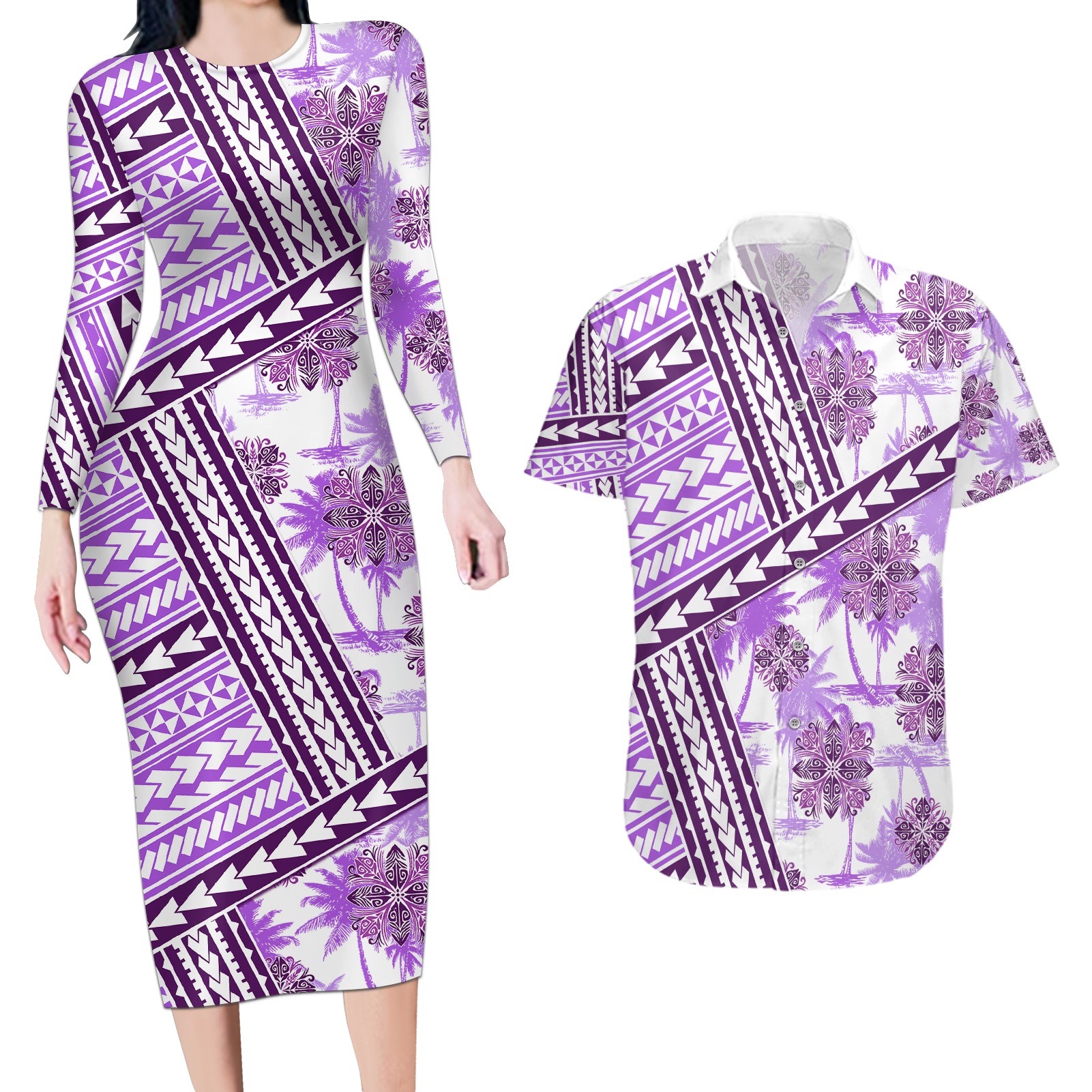 Hawaii Quilt Couples Matching Long Sleeve Bodycon Dress and Hawaiian Shirt Kakau Polynesian Pattern Lilac Version LT01 Purple - Polynesian Pride