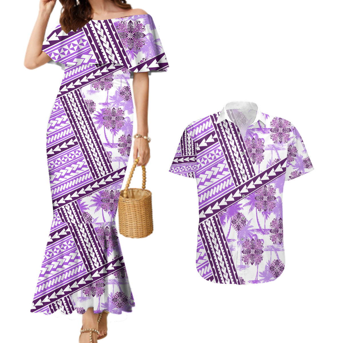 Hawaii Quilt Couples Matching Mermaid Dress and Hawaiian Shirt Kakau Polynesian Pattern Lilac Version LT01 Purple - Polynesian Pride