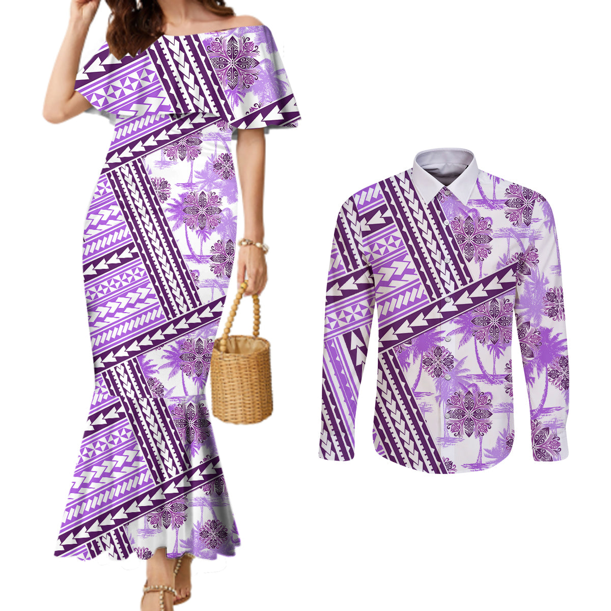 Hawaii Quilt Couples Matching Mermaid Dress and Long Sleeve Button Shirt Kakau Polynesian Pattern Lilac Version LT01 Purple - Polynesian Pride