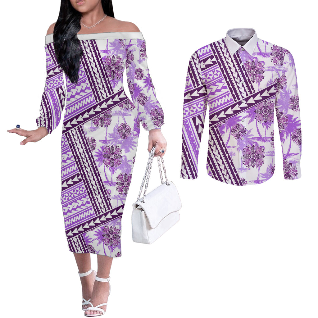 Hawaii Quilt Couples Matching Off The Shoulder Long Sleeve Dress and Long Sleeve Button Shirt Kakau Polynesian Pattern Lilac Version LT01 Purple - Polynesian Pride