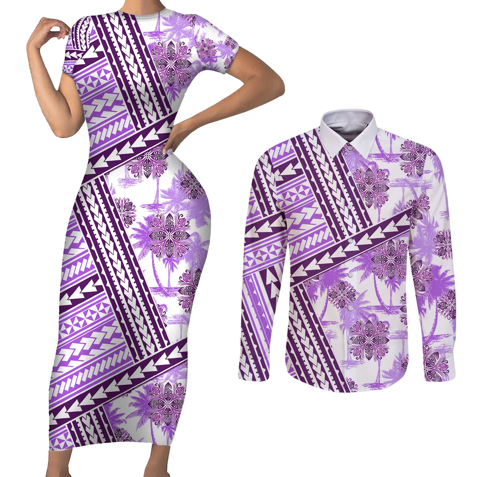Hawaii Quilt Couples Matching Short Sleeve Bodycon Dress and Long Sleeve Button Shirt Kakau Polynesian Pattern Lilac Version LT01 Purple - Polynesian Pride