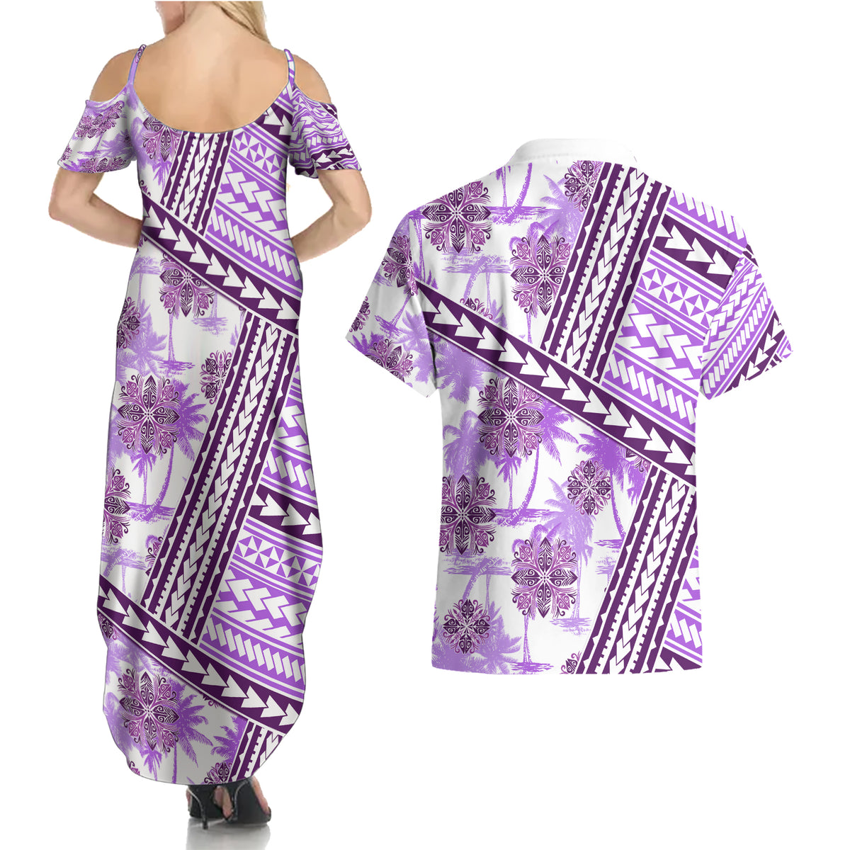 Hawaii Quilt Couples Matching Summer Maxi Dress and Hawaiian Shirt Kakau Polynesian Pattern Lilac Version LT01 - Polynesian Pride
