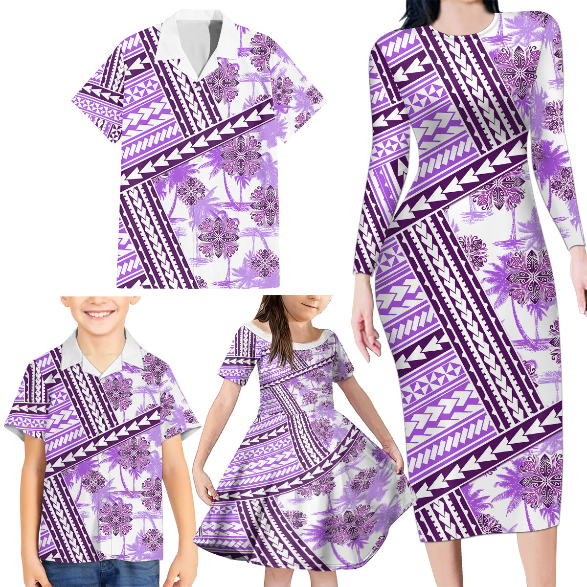 Hawaii Quilt Family Matching Long Sleeve Bodycon Dress and Hawaiian Shirt Kakau Polynesian Pattern Lilac Version LT01 - Polynesian Pride