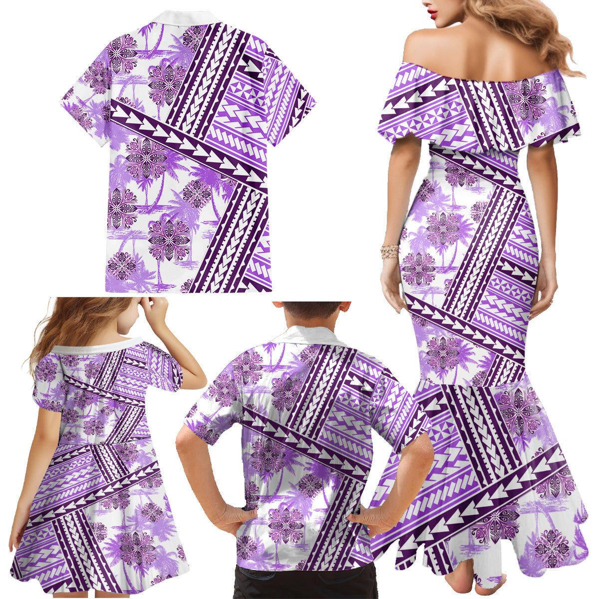 Hawaii Quilt Family Matching Mermaid Dress and Hawaiian Shirt Kakau Polynesian Pattern Lilac Version LT01 - Polynesian Pride