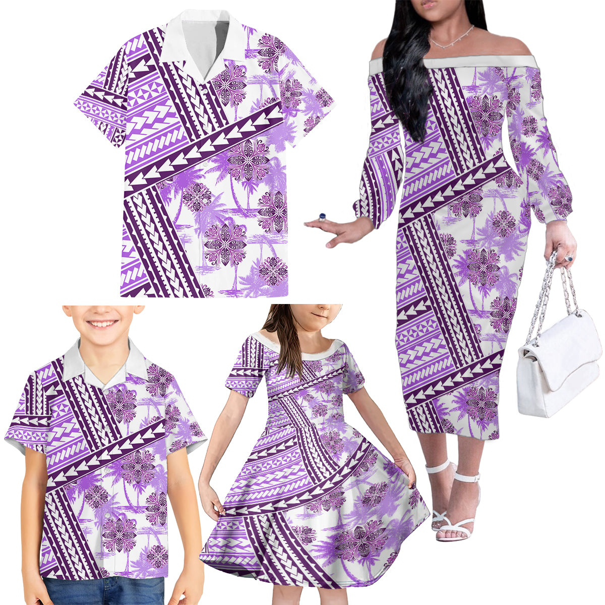 Hawaii Quilt Family Matching Off Shoulder Long Sleeve Dress and Hawaiian Shirt Kakau Polynesian Pattern Lilac Version LT01 - Polynesian Pride