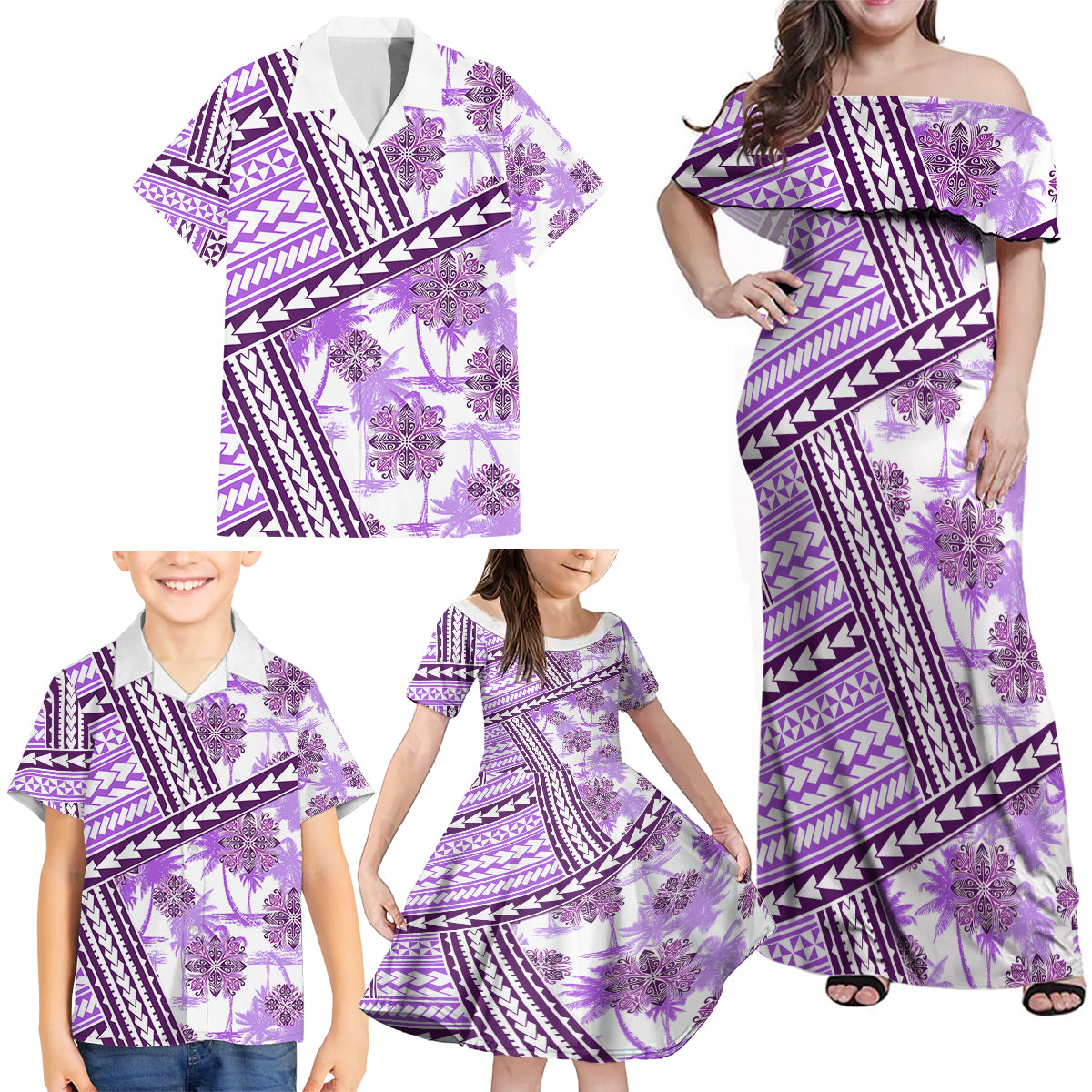 Hawaii Quilt Family Matching Off Shoulder Maxi Dress and Hawaiian Shirt Kakau Polynesian Pattern Lilac Version LT01 - Polynesian Pride