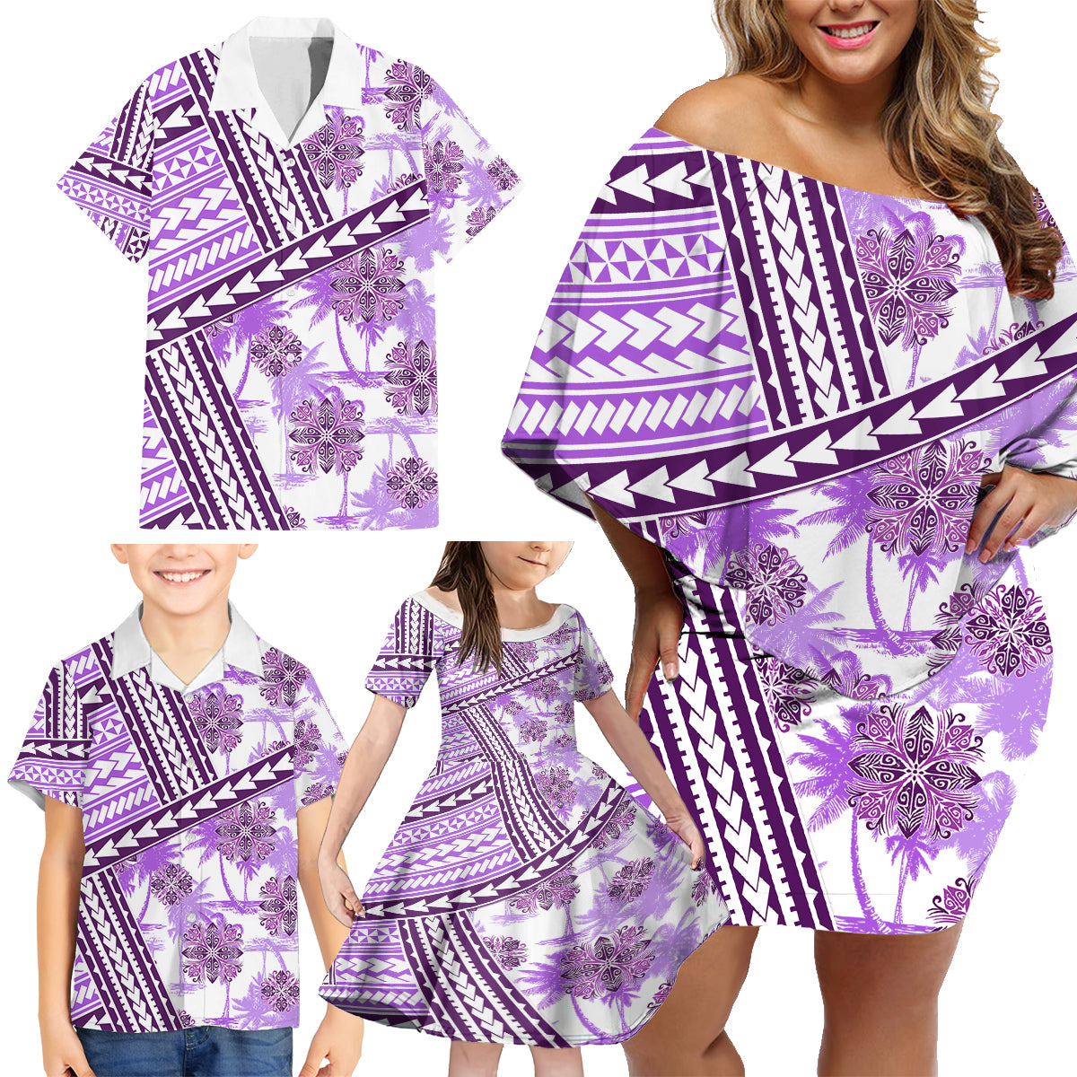 Hawaii Quilt Family Matching Off Shoulder Short Dress and Hawaiian Shirt Kakau Polynesian Pattern Lilac Version LT01 - Polynesian Pride