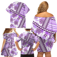 Hawaii Quilt Family Matching Off Shoulder Short Dress and Hawaiian Shirt Kakau Polynesian Pattern Lilac Version LT01 - Polynesian Pride