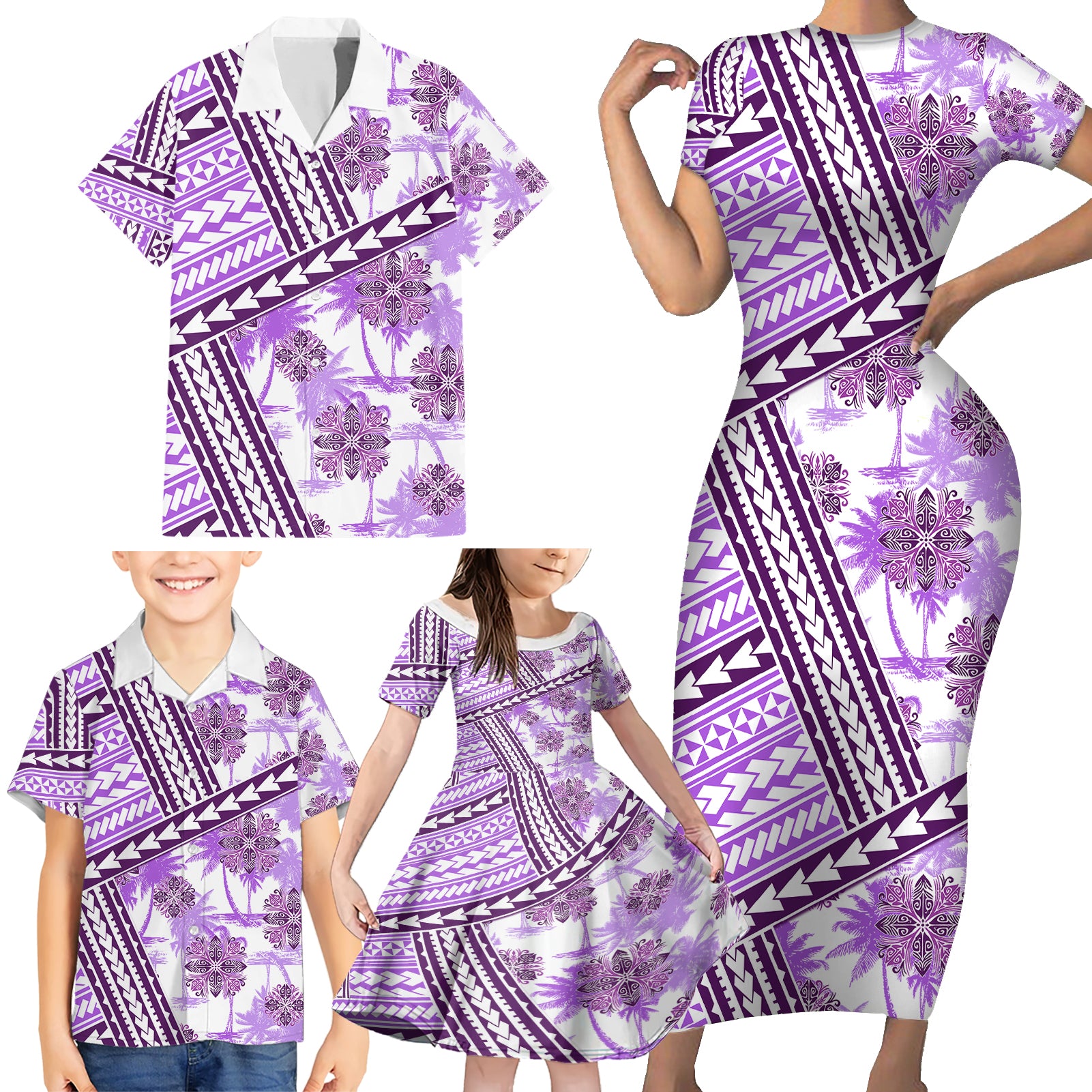 Hawaii Quilt Family Matching Short Sleeve Bodycon Dress and Hawaiian Shirt Kakau Polynesian Pattern Lilac Version LT01 - Polynesian Pride