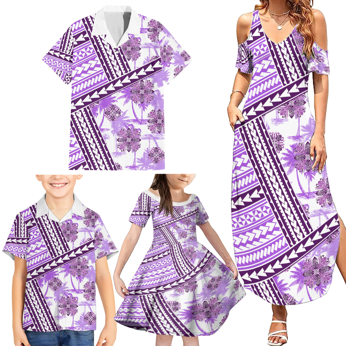 Hawaii Quilt Family Matching Summer Maxi Dress and Hawaiian Shirt Kakau Polynesian Pattern Lilac Version LT01 - Polynesian Pride