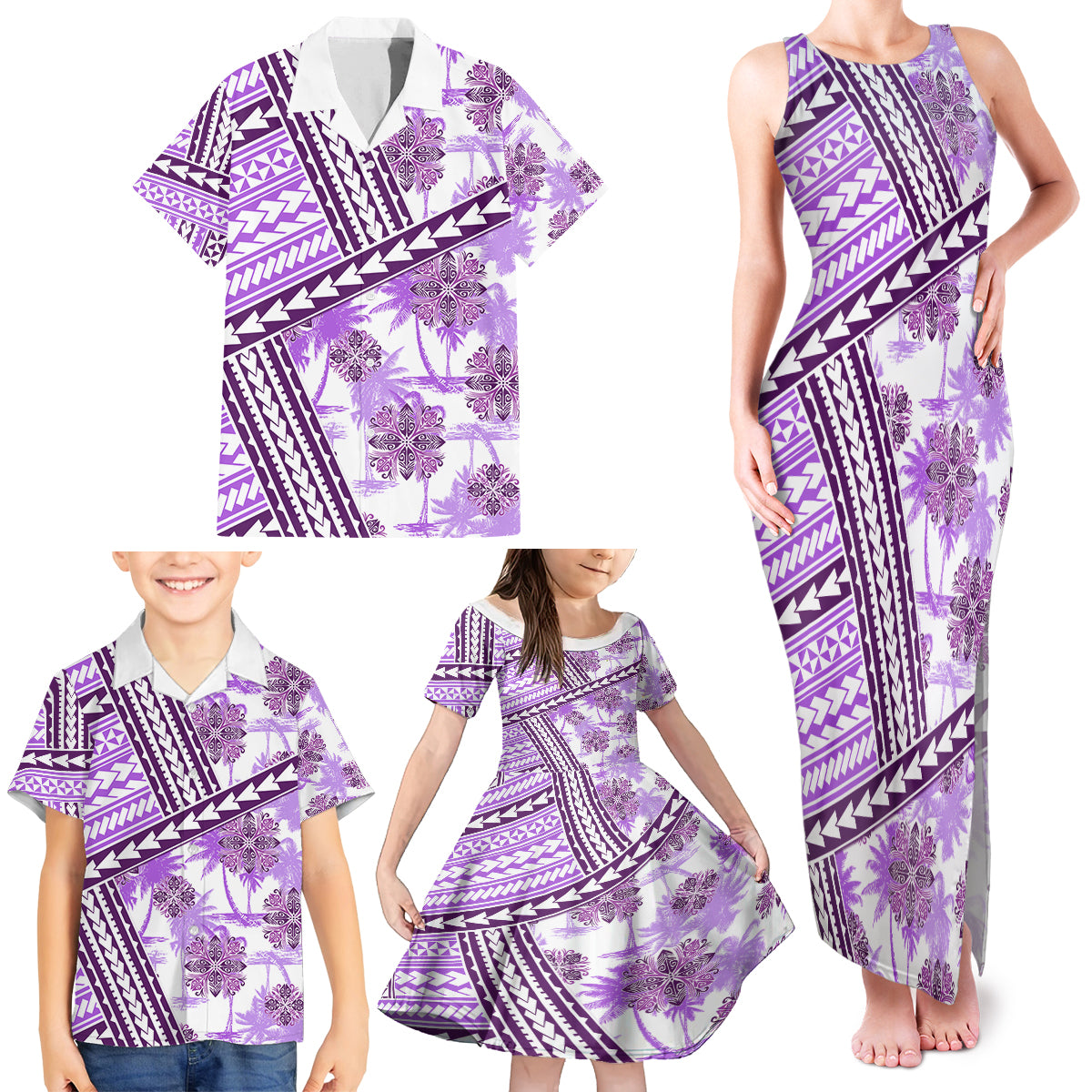 Hawaii Quilt Family Matching Tank Maxi Dress and Hawaiian Shirt Kakau Polynesian Pattern Lilac Version LT01 - Polynesian Pride