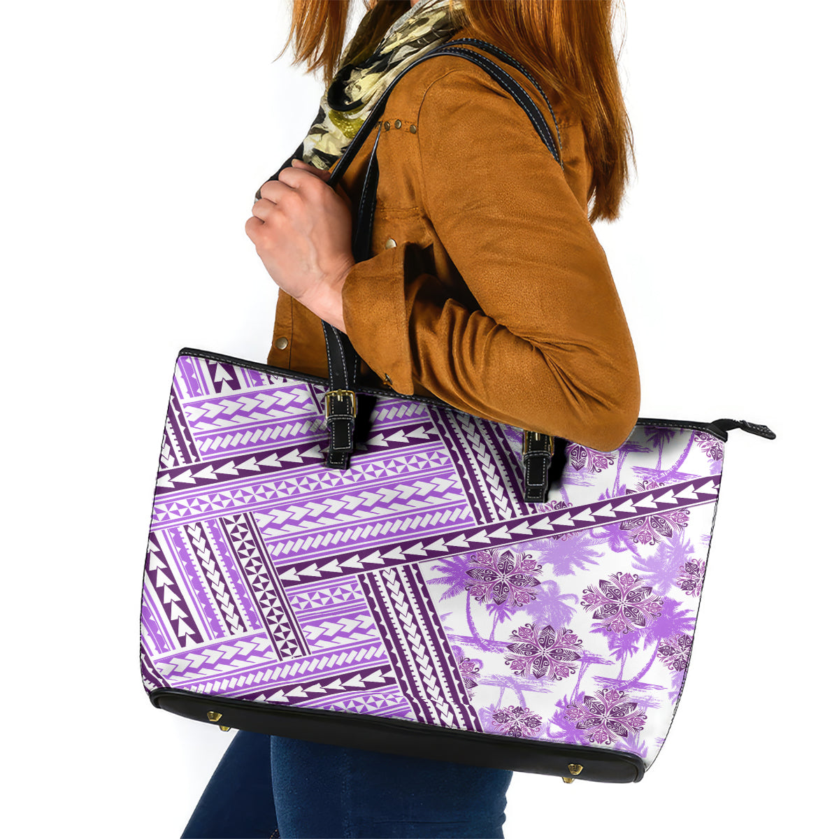 Hawaii Quilt Leather Tote Bag Kakau Polynesian Pattern Lilac Version LT01 Purple - Polynesian Pride