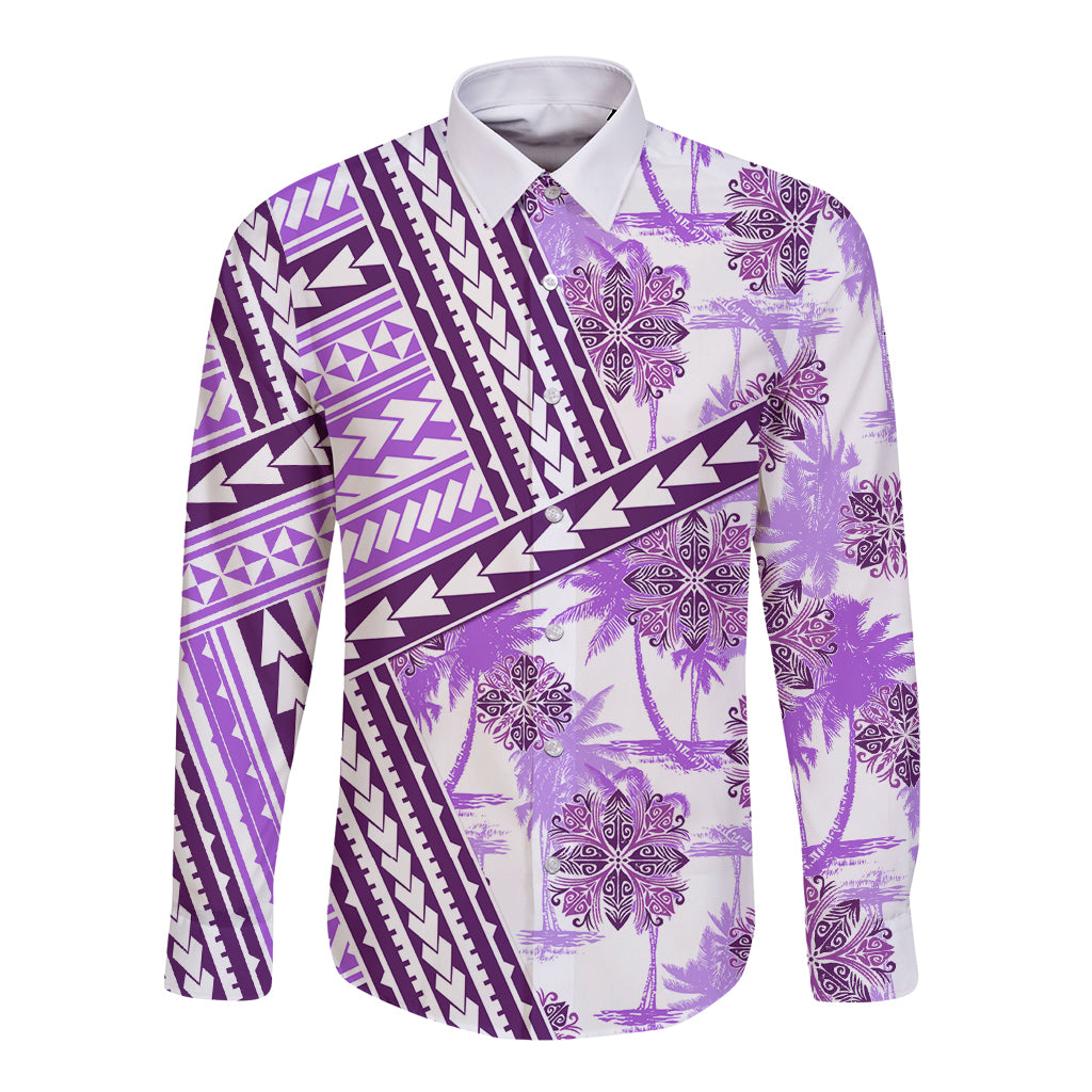 Hawaii Quilt Long Sleeve Button Shirt Kakau Polynesian Pattern Lilac Version LT01 Unisex Purple - Polynesian Pride