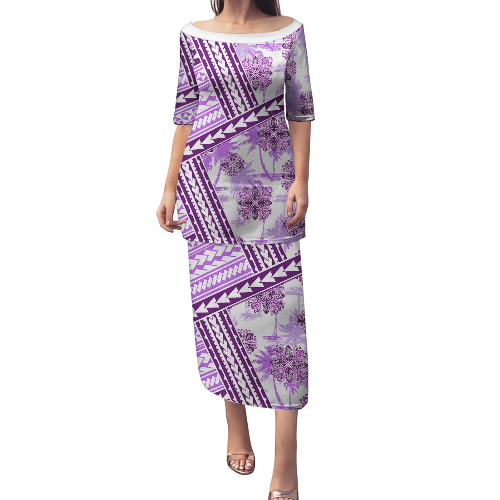 Hawaii Quilt Puletasi Kakau Polynesian Pattern Lilac Version LT01 Long Dress Purple - Polynesian Pride