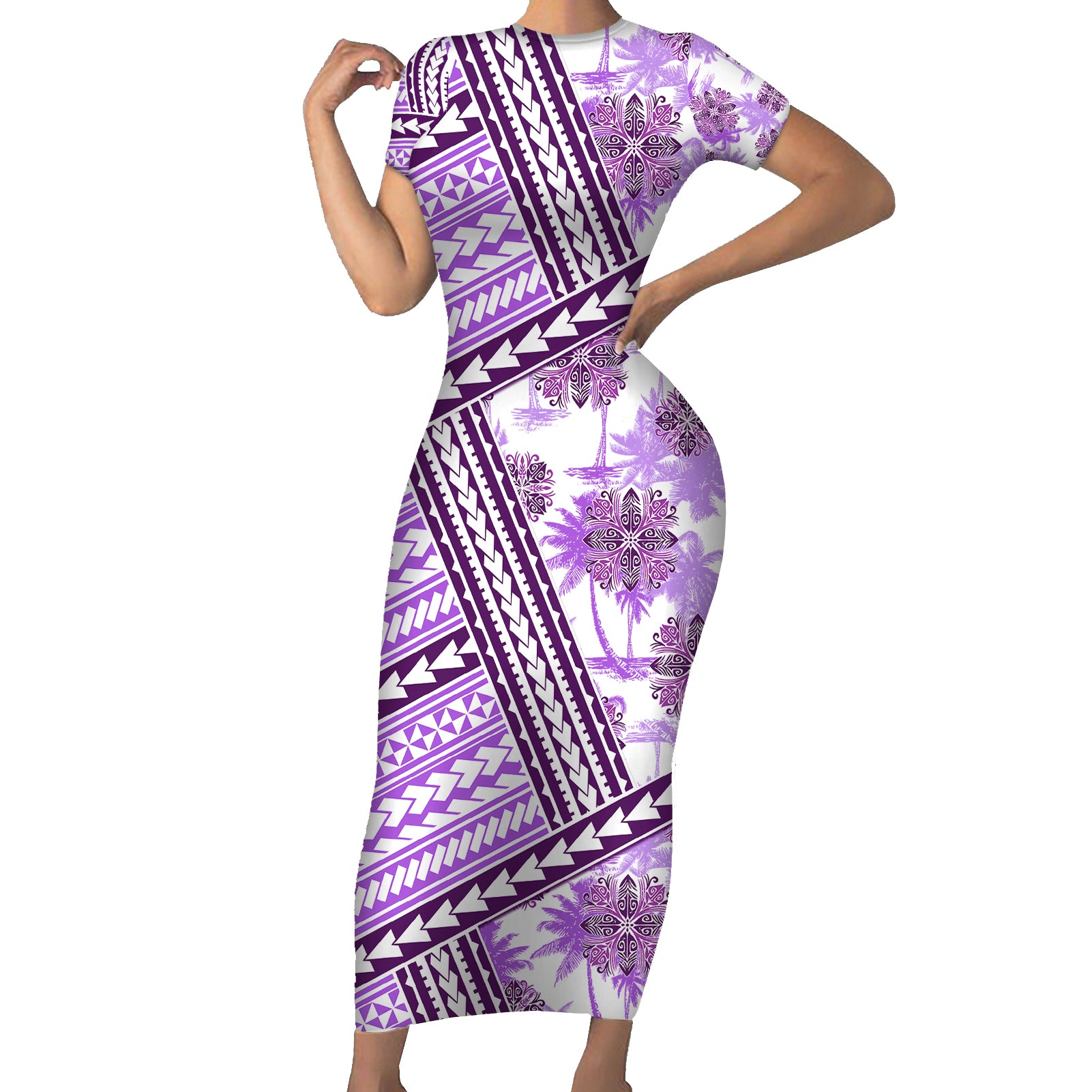 Hawaii Quilt Short Sleeve Bodycon Dress Kakau Polynesian Pattern Lilac Version LT01 Long Dress Purple - Polynesian Pride