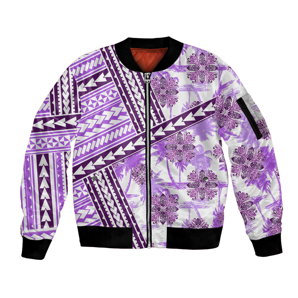 Hawaii Quilt Sleeve Zip Bomber Jacket Kakau Polynesian Pattern Lilac Version LT01 Unisex Purple - Polynesian Pride