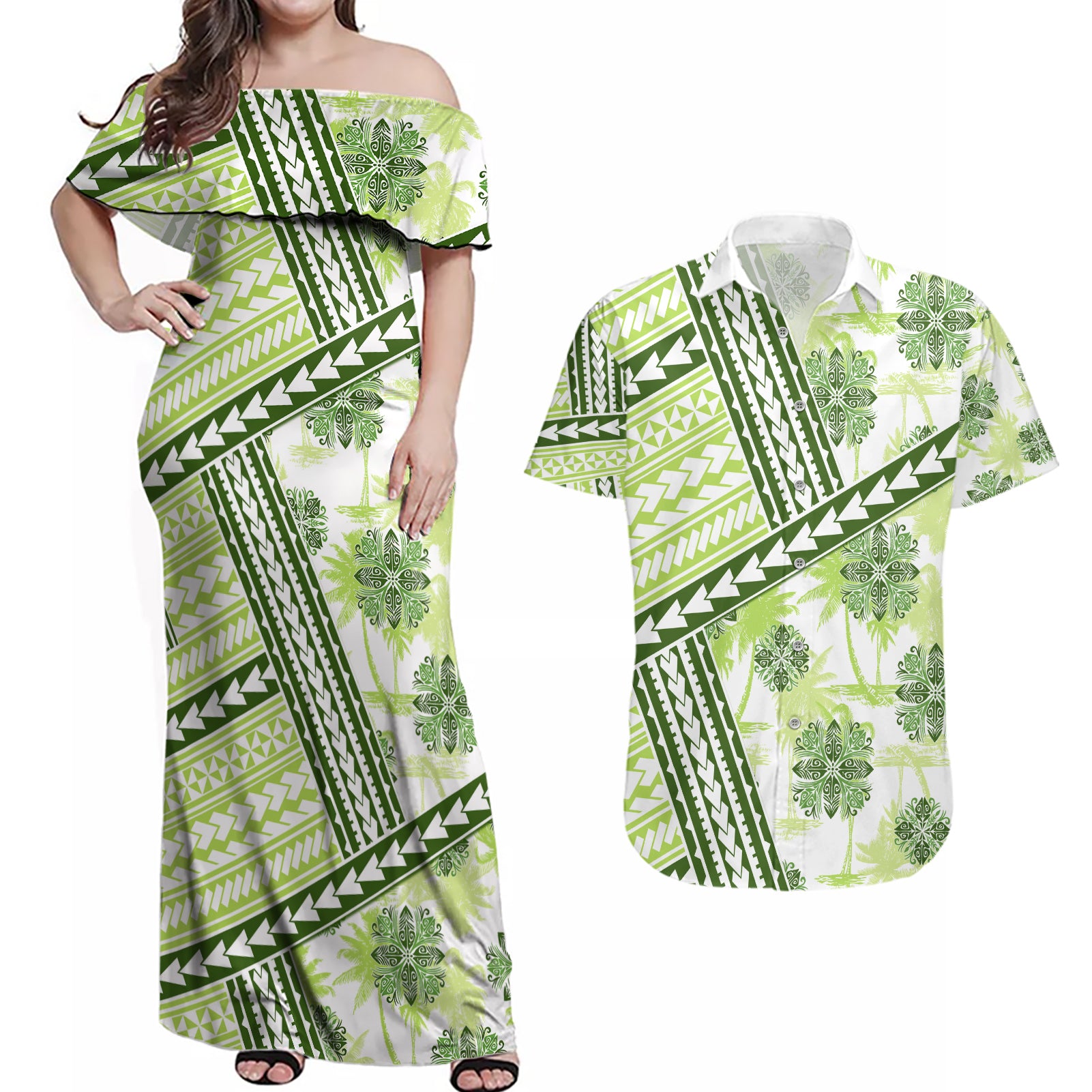 Hawaii Quilt Couples Matching Off Shoulder Maxi Dress and Hawaiian Shirt Kakau Polynesian Pattern Olive Green Version LT01 Green - Polynesian Pride